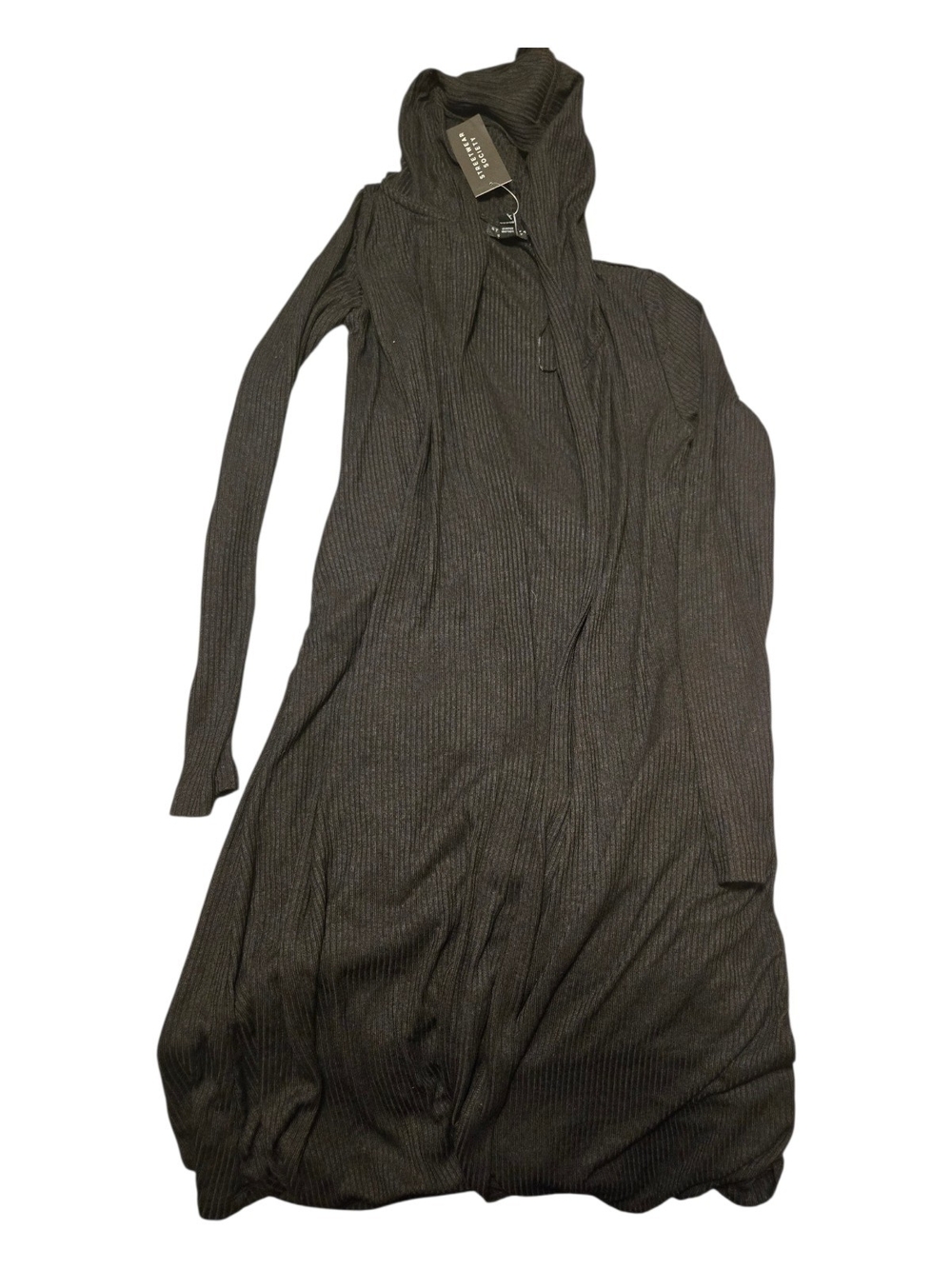 Long Ribbed Hooded Duster Cardigan - Black